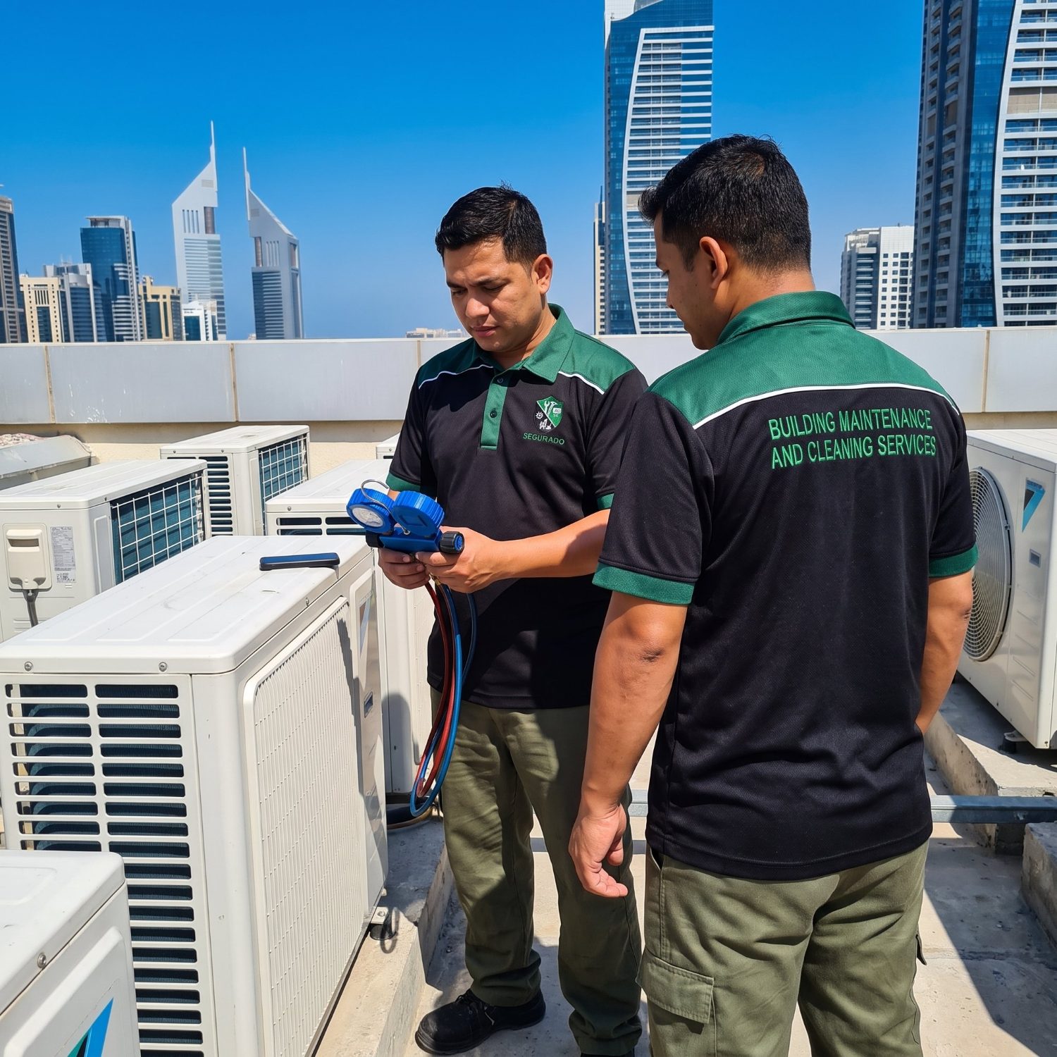 Two Segurado technicians on site in a Dubai tower