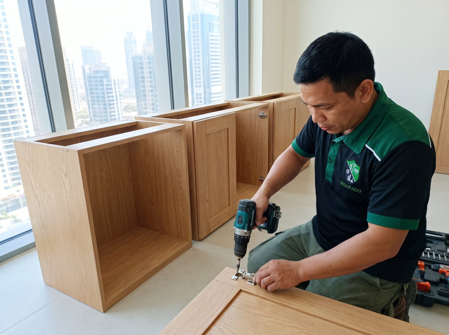 Segurado carpenter fitting a hinge to a new oak kitchen cabinet
