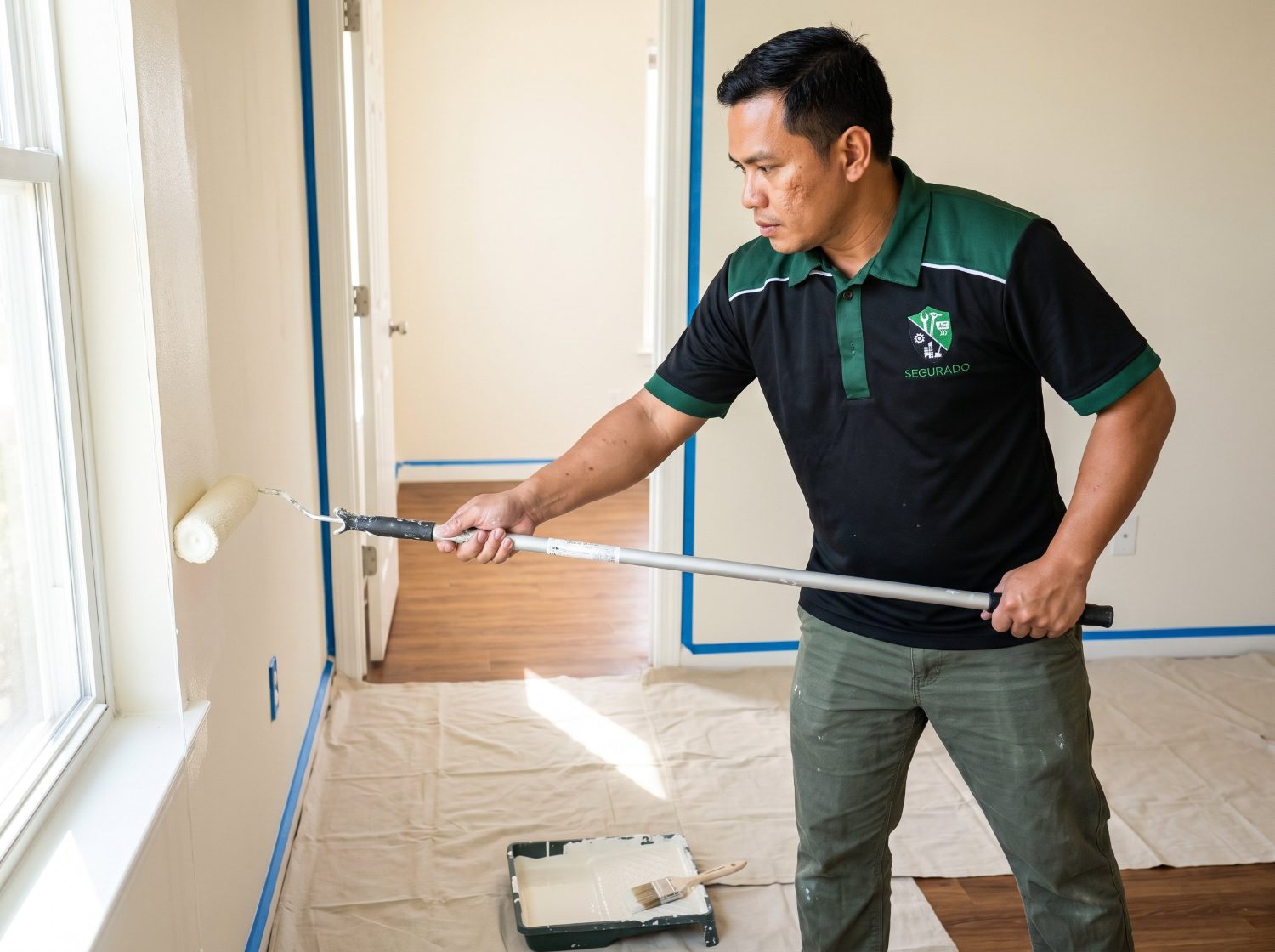 Segurado painter rolling fresh paint onto an apartment wall