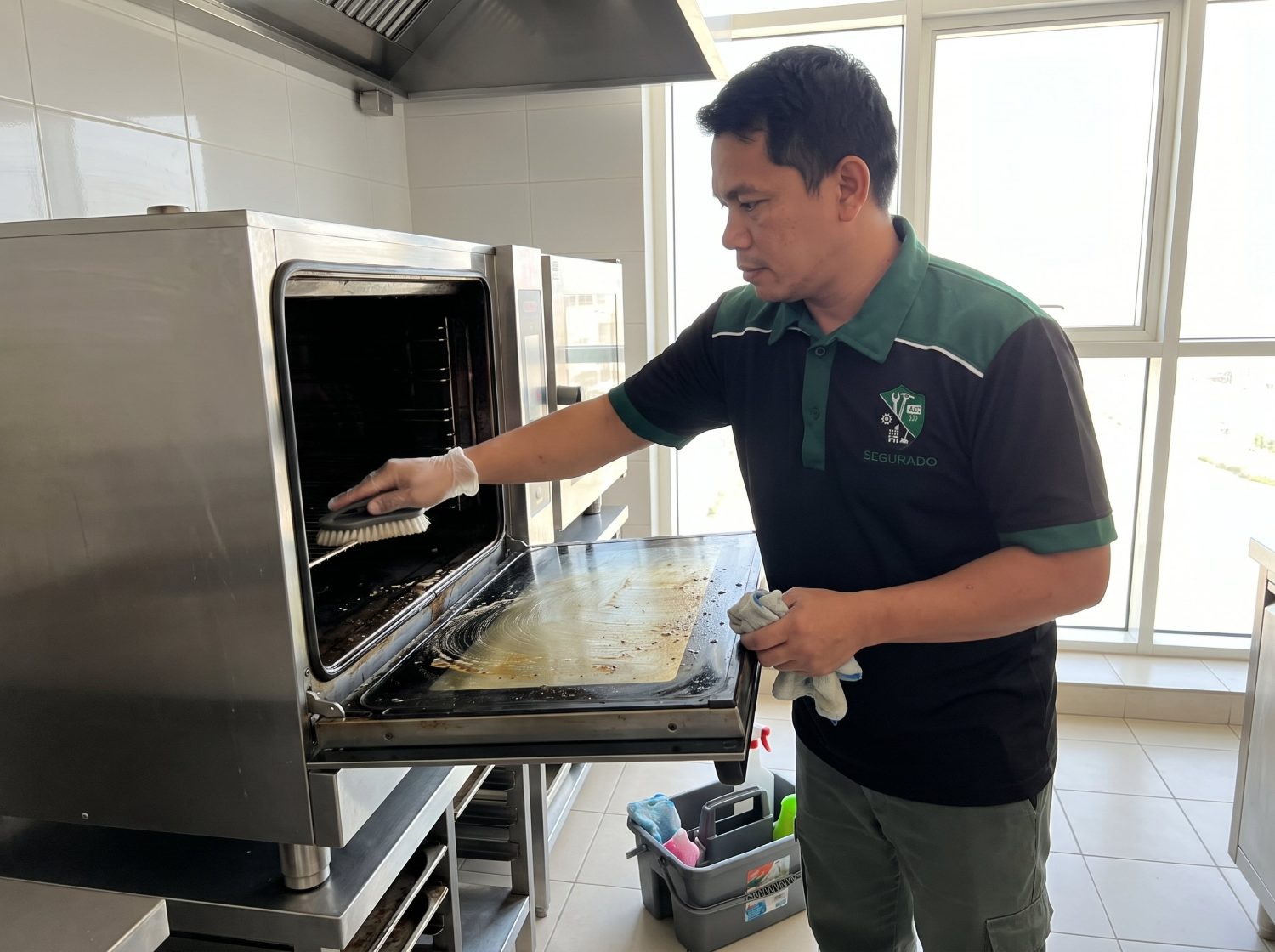 Segurado technician deep-cleaning an oven