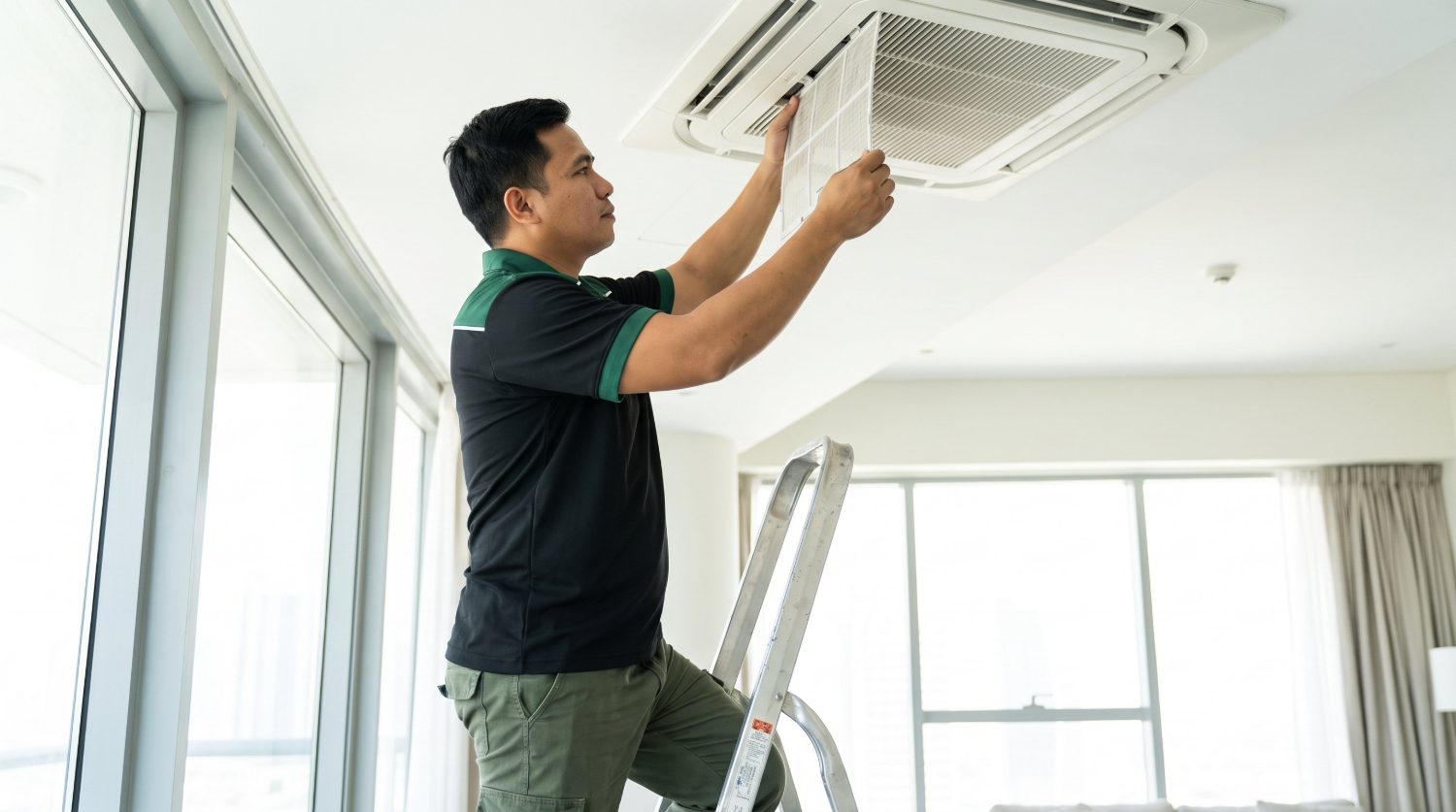 Segurado technician servicing a ceiling air-conditioning unit in Dubai